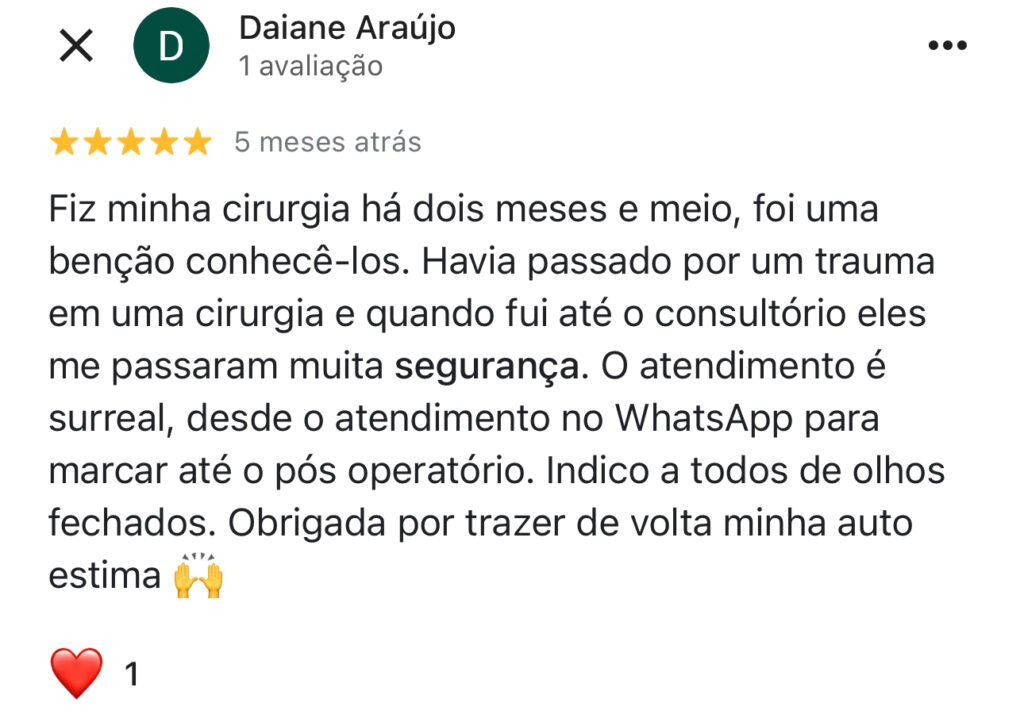 Agradecimento da Daiane aos doutores Izadora Reis e Lucas Cunha. A paciente relata muita segurança e indica a todos.