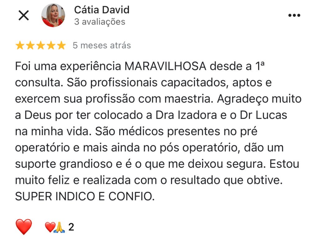 Agradecimento da Daiane pela cirurgia plástica realizada pela Dra. Izadora Reis e Dr. Lucas Cunha. Relata experiencia maravilhosa, relata indicar e confiar.