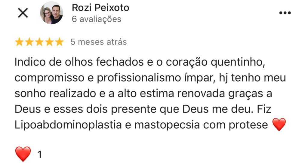 Agradecimento da Rozi pela cirurgia plástica realizada pela Dra. Izadora Reis e Dr. Lucas Cunha. Relata profissionalismo e estar com a aut-estima renovada.