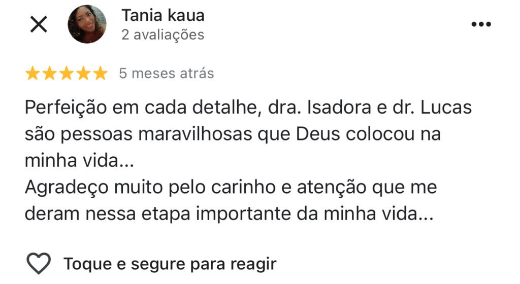 Agradecimento da Tania pela cirurgia plástica realizada pela Dra. Izadora Reis e Dr. Lucas Cunha. Relata muito carinho e atenção nessa etapa importante da vida.