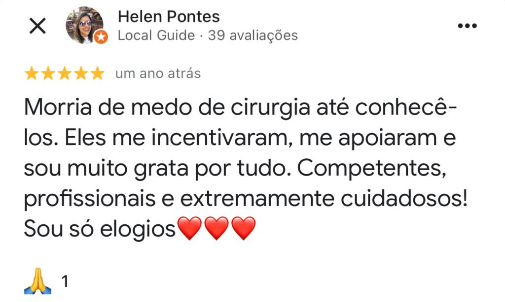 Agradecimento da Helen pela cirurgia plástica realizada pela Dra. Izadora Reis e Dr. Lucas Cunha. Relata que tinha muito medo antes de conhecer e ser incentivada. Relata serem profissionais competentes e extremamente cuidadosos.