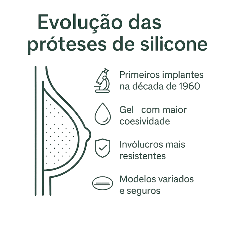 A prótese de silicone evoluiu muito, tornando-se uma das cirurgias plásticas mais realizadas no mundo. A imagem mostra uma prótese de silicone ilustrativo em um contorno de mama e algumas características da evolução das próteses de silicone. Os primeiros implanter surgiram na década de 1960. Eles evoluíram com surgimento de gel com maior coesividade e invólucros mais resistentes. Hoje, existem modelos variados e seguros.