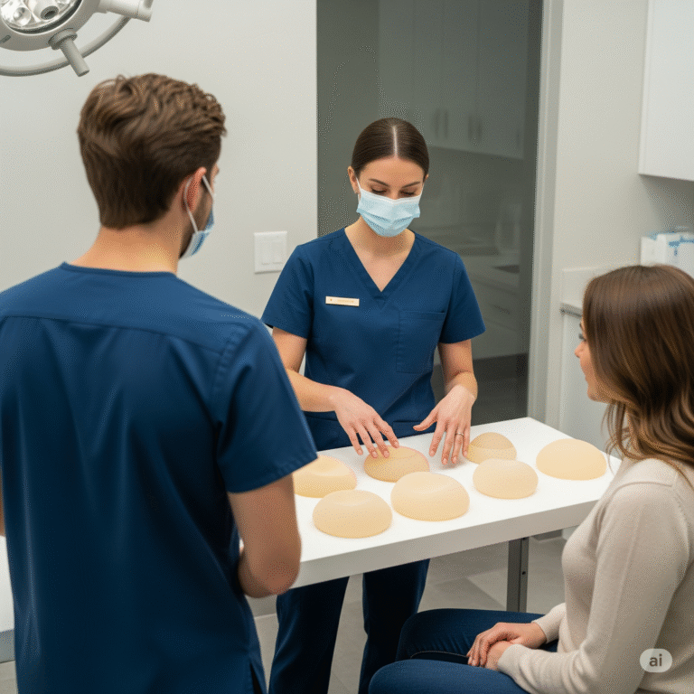 Cirurgiões plásticos (casal) explicando sobre o tamanho da próteses de silicone para paciente que quer realizar cirurgia plástica de silicone.