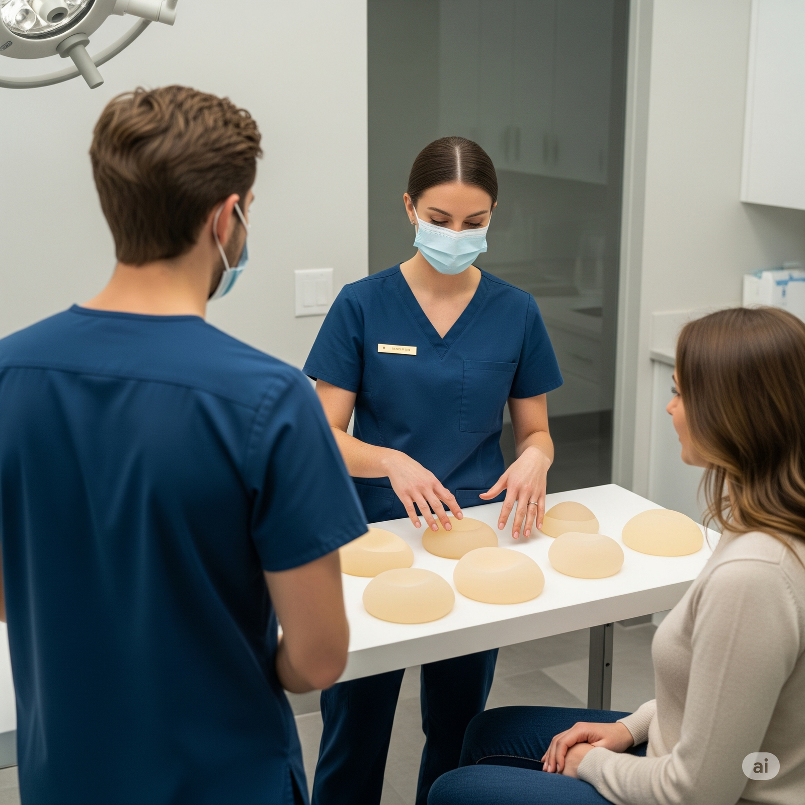 Cirurgiões plásticos (casal) explicando sobre o tamanho da próteses de silicone para paciente que quer realizar cirurgia plástica de silicone.