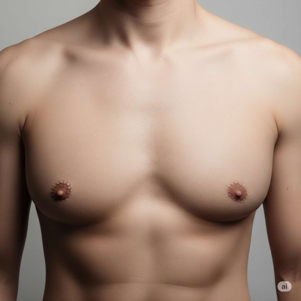 Imagem mostrando uma região torácica masculina, de homem com musculatura definida, porém mamas aumentadas e ginecomastia. A cirurgia plástica consegue corrigir a ginecomastia em Catalão por meio da cirurgia e lipoaspiração.