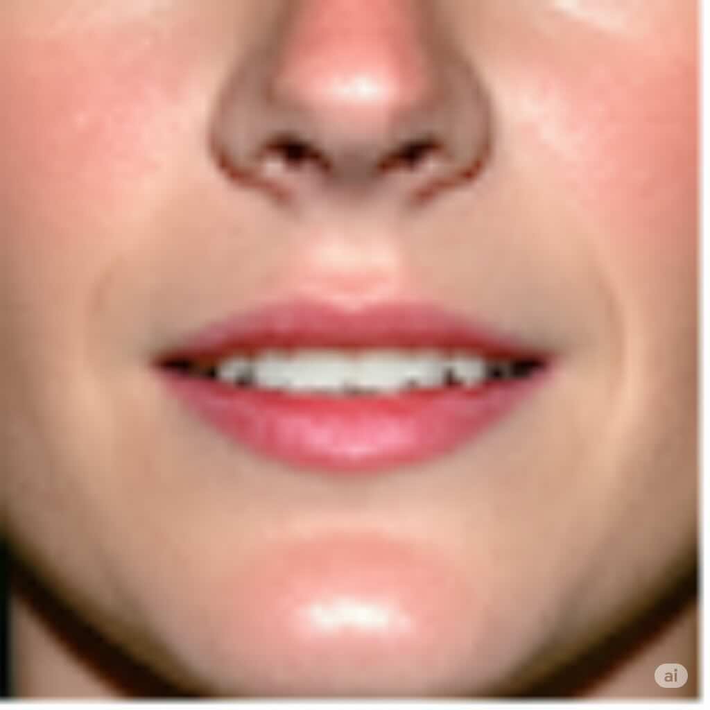 Close do rosto de uma mulher mostrando o espaço aumentado entre a base do nariz e o lábio superior fino, condição tratada pelo lifting labial em Catalão.